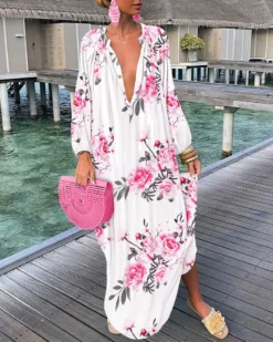 Women Printed V-Neck Long Sleeve Long Dress -Women Fashion Shop 30ae13e00e5c8399