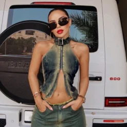 Women Sleeveless Halter Neck Backless Denim Tank Top -Women Fashion Shop 31f4b6d472e67cec