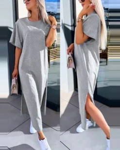 Solid Color Short-Sleeved Slit Casual Long Dress 10 Solid Color Short-Sleeved Slit Casual Long Dress -Women Fashion Shop 325bce0b961c22b1