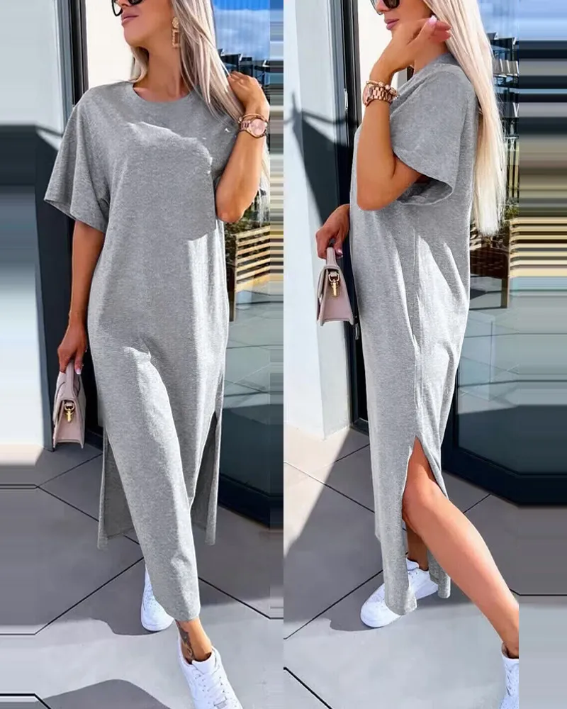 Solid Color Short-Sleeved Slit Casual Long Dress 5 Solid Color Short-Sleeved Slit Casual Long Dress - Image 3