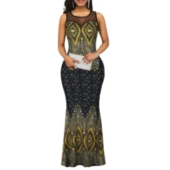 Women's Elegant Fashion Mesh Patchwork Sleeveless Printed Long Dress -Women Fashion Shop 325c7a5ff29ce287