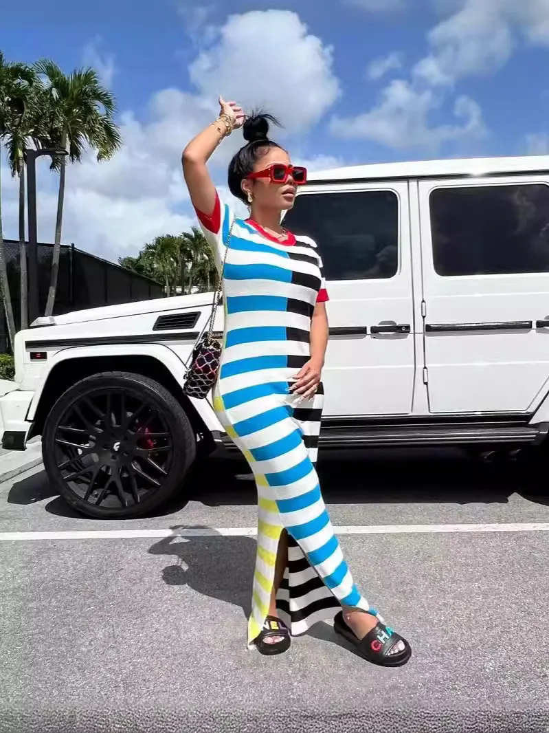 Women Round Neck Short Sleeve Slit Patchwork Striped Dress 7 Women Round Neck Short Sleeve Slit Patchwork Striped Dress - Image 5