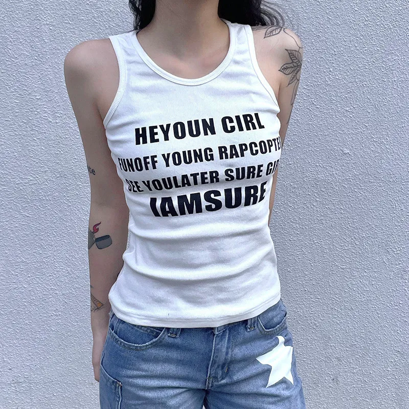 Letter Print White Camisole Women Outdoor Wear Basic Pullover Round Neck Slim Fit Basic Top 3 Letter Print White Camisole Women Outdoor Wear Basic Pullover Round Neck Slim Fit Basic Top