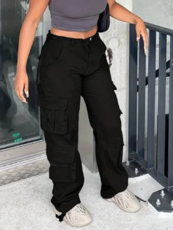 Street Multi-Pocket Solid Color Loose Straight Denim Cargo Pants -Women Fashion Shop 3337bc4aa2b69c8e