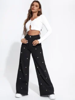 Women Pearl Wide Leg Denim Pants -Women Fashion Shop 339ed604f747b546