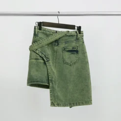 Trendy Belt Style Green Denim Skirt Women's Irregular Short Skirt -Women Fashion Shop 33ef449d89a4a457