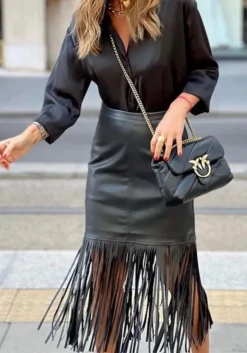 Street Trend Fall/Winter Tassel Patchwork Leather Skirt -Women Fashion Shop 3455f879b38b48f3