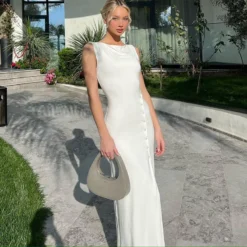 Women's Summer Sleeveless Button Slit Solid Color Slim Fashion Chic Dress For Women -Women Fashion Shop 37cad91b18151f5b