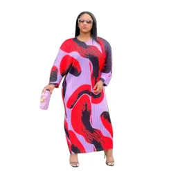 Women'S Round Neck Bat Sleeves Print Pleated Maxi Dress -Women Fashion Shop 37dcb254e578e336