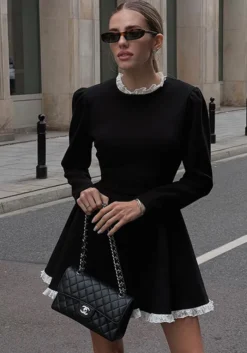 Chic Slim Contrast Color Ruffle Edge Long Sleeve A-Line Black Dress -Women Fashion Shop 3841e5ffbf083629