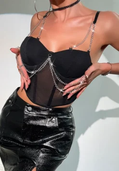 Women See-Through Mesh Patchwork Metal Chain Fishbone Crop Top -Women Fashion Shop 387884abb4a973ac
