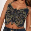 Women Summer Blue Butterfly Beaded Tassel Camisole Embroidered Lace-Up Crop Top -Women Fashion Shop 389a652a2b366e40