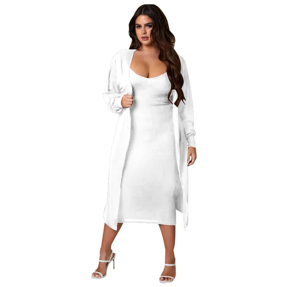 Women's Fall Ribbed V-Neck Long Sleeve Solid Casual Two Piece Dress Suit 4 Women's Fall Ribbed V-Neck Long Sleeve Solid Casual Two Piece Dress Suit - Image 2