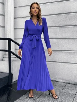 Women Autumn V-Neck Long Sleeve Pleated Maxi Dress -Women Fashion Shop 39762da67c17bb3c