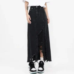 Vintage Denim Skirt Women's Fall Raw Edge Ripped Long Skirt -Women Fashion Shop 39fcf88aef92e727