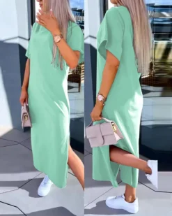 Solid Color Short-Sleeved Slit Casual Long Dress