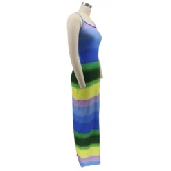 Women Clothes Rainbow Stripe Print Slit Slim Waist Strap Long Dress -Women Fashion Shop 3abf52e1b74a3fcc