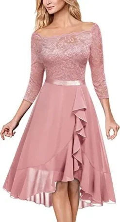 Women's Off Shoulder Half-Sleeve Sexy Lace Chiffon A-Line Dress -Women Fashion Shop 3b3a76859cc6449d