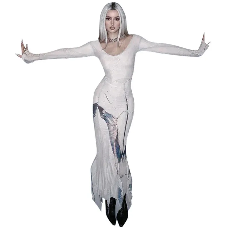 Women's Autumn Fashion Casual Printed Long Sleeve Round Neck Flowing Sleeve Hem Sexy Dress 11 Women's Autumn Fashion Casual Printed Long Sleeve Round Neck Flowing Sleeve Hem Sexy Dress - Image 9