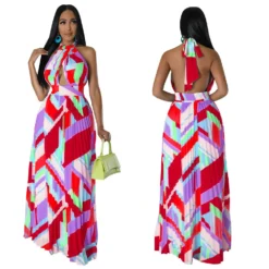 Women Halter Neck Backless Pleated Print Sleeveless Dress -Women Fashion Shop 3ce612945780ab55