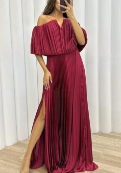 Winter And Spring Pleated Off Shoulder Slit Elegant Sexy Dress For Women -Women Fashion Shop 3e91f4dd49b1f58b