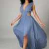 Summer Women Blue Sleeveless Deep-V Cut Out Side Slit Long Maxi Dress -Women Fashion Shop 3ecc184d440cbe3a