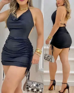 Women's Black Halter Backless Pleated Mini Dress -Women Fashion Shop 3f370f098b884765