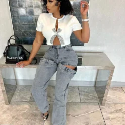 Fashionable Women's Clothing Stretch Casual Hollow Denim Pants -Women Fashion Shop 3f8d50fabc5e8494