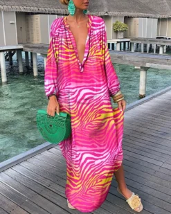 Women Printed V-Neck Long Sleeve Long Dress -Women Fashion Shop 42243df10ee2a861