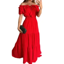 Spring Women's Fashion Chic Off Shoulder Short Sleeve A-Line Long Dress -Women Fashion Shop 425d17cffb5b8537