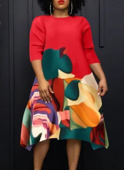 Women Round Neck Casual Contrast Print Dress -Women Fashion Shop 42d0ac33b3da6e15