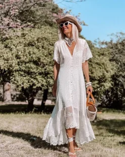 Women's V-neck Slim Dress Casual Mid-length Swing Loose Long Dress -Women Fashion Shop 42ddf7c5967e85d4