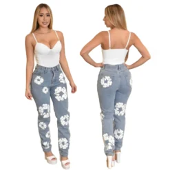 Women's Casual High Waisted Light Blue Printed Denim Pants -Women Fashion Shop 43889f90f15de7e4
