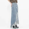 Vintage Denim Skirt Women's Fall Raw Edge Ripped Long Skirt -Women Fashion Shop 443c63b5e901fb12