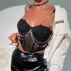 Women See-Through Mesh Patchwork Metal Chain Fishbone Crop Top -Women Fashion Shop 4573b2ccee299947