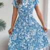 Spring Summer Elegant Floral Short-Sleeved Casual Belt Pleated Dress -Women Fashion Shop 45e70a6a76257313