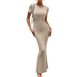 Women Elegant Solid Round Neck Short Sleeve Dress -Women Fashion Shop 46015b425fef04ec