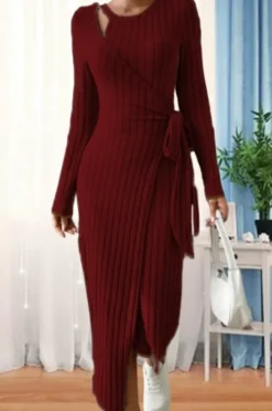 Women Long Sleeve Bodycon Dress With Bow Tie At Waist -Women Fashion Shop 4640a7a869828063