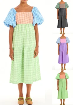 Women Color Block Backless Strappy Balloon Sleeve Dress -Women Fashion Shop 46447f26798e41bc