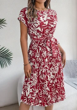 Spring Summer Elegant Floral Short-Sleeved Casual Belt Pleated Dress -Women Fashion Shop 4694ef2ce7a7d407