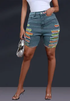 Women Pocket Ripped Tassel Denim Shorts