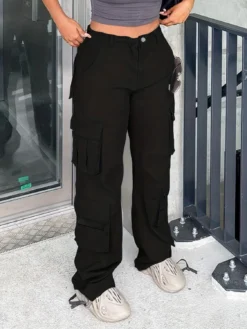 Street Multi-Pocket Solid Color Loose Straight Denim Cargo Pants -Women Fashion Shop 4789cc6e988cc69b