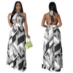 Women Halter Neck Backless Pleated Print Sleeveless Dress -Women Fashion Shop 4858c48c6c4dcccc