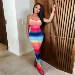 Women Clothes Rainbow Stripe Print Slit Slim Waist Strap Long Dress -Women Fashion Shop 49df06073449bf12