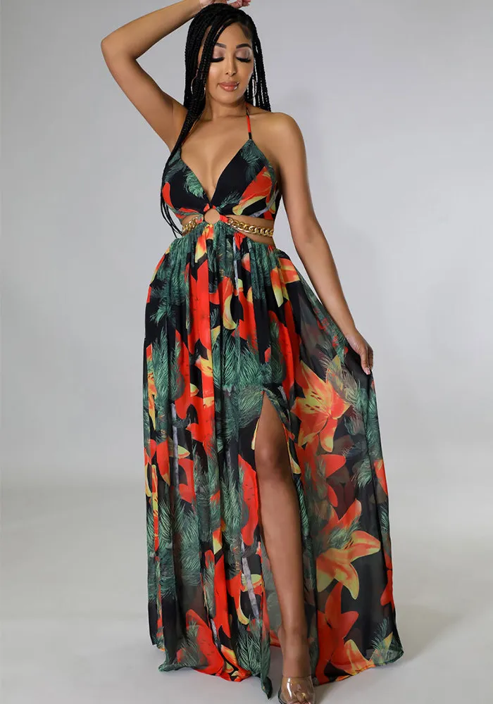 Women's Floral Printed Halter Blackless Slit Maxi Dress 12 Women's Floral Printed Halter Blackless Slit Maxi Dress - Image 10