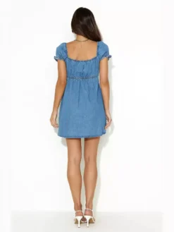 Women Hollow Lace Puff Sleeve Denim Dress -Women Fashion Shop 49f941e28e1ccbea