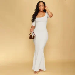 Formal Party Solid Color Square Collar A-line High Waist Slim Short-sleeved Mermaid Dress -Women Fashion Shop 4a0fac51d128e197