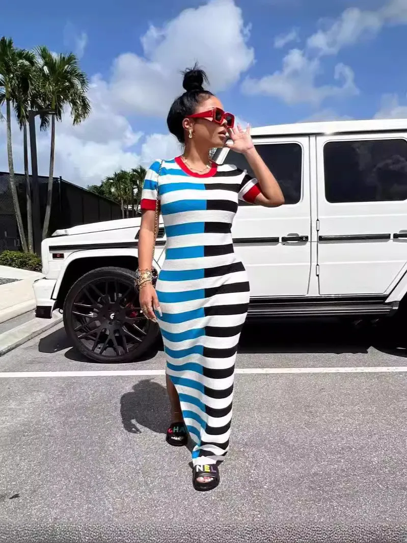 Women Round Neck Short Sleeve Slit Patchwork Striped Dress 6 Women Round Neck Short Sleeve Slit Patchwork Striped Dress - Image 4