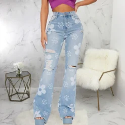 Women Trend Print Stretch Bell Bottom Denim Pants -Women Fashion Shop 4c69ac6ea75b8d72