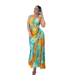 Women Printed Slash Shoulder Pleated Dress -Women Fashion Shop 4c6b06c964e92008